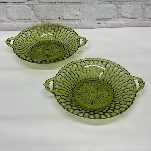 Vintage Indiana Glass Candy Dish Set of 2 Avocado Green Handles Round Honeycomb - Picture 1 of 5